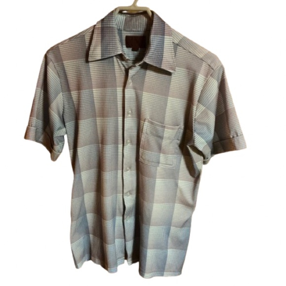 Vtg 70s polyester patchwork squares button down shirt